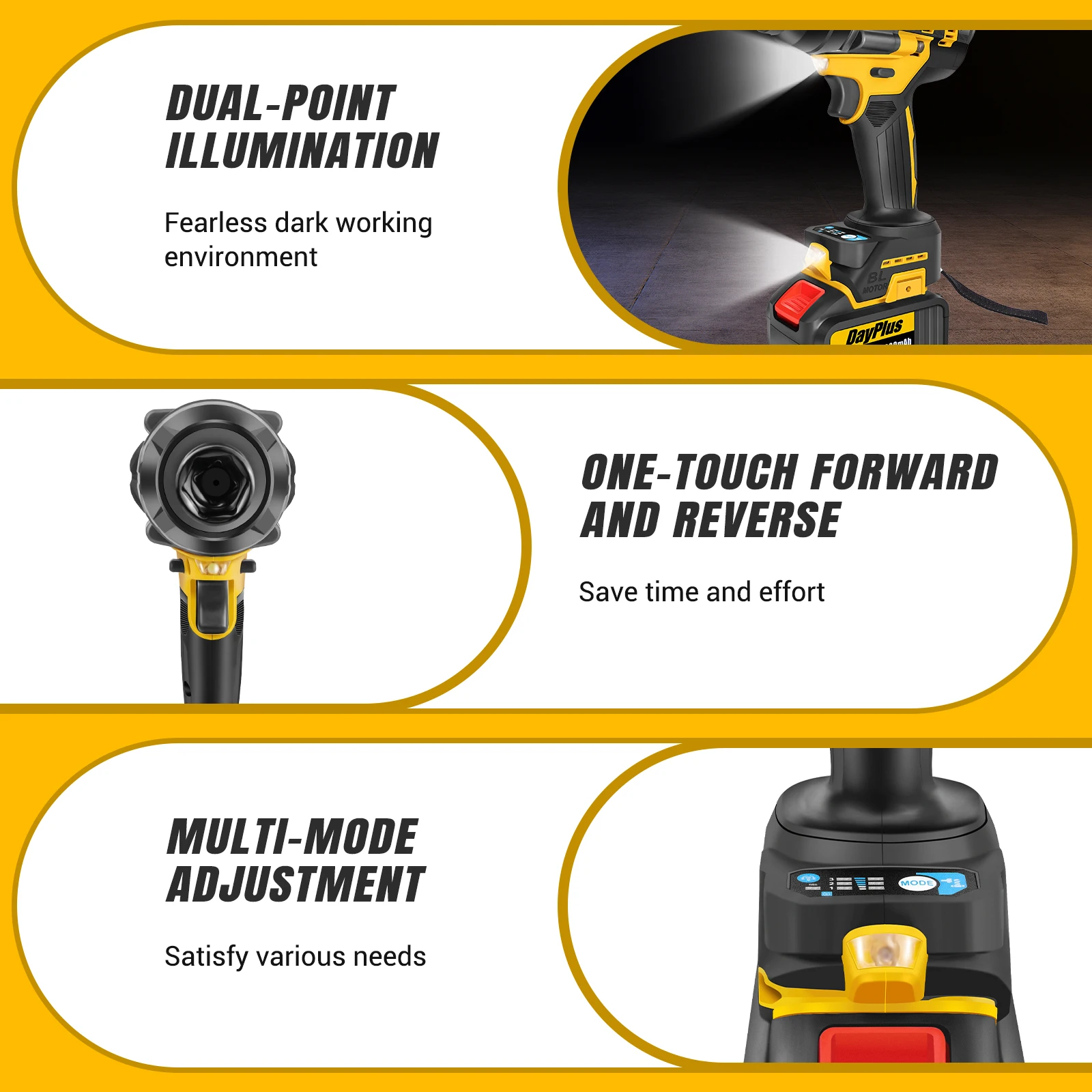 750NM High Torque Brushless Electric Impact Wrench 1/2", 21V Battery Cordless Wrench for Car Repair Power Tool 3-Speed 6000mAh