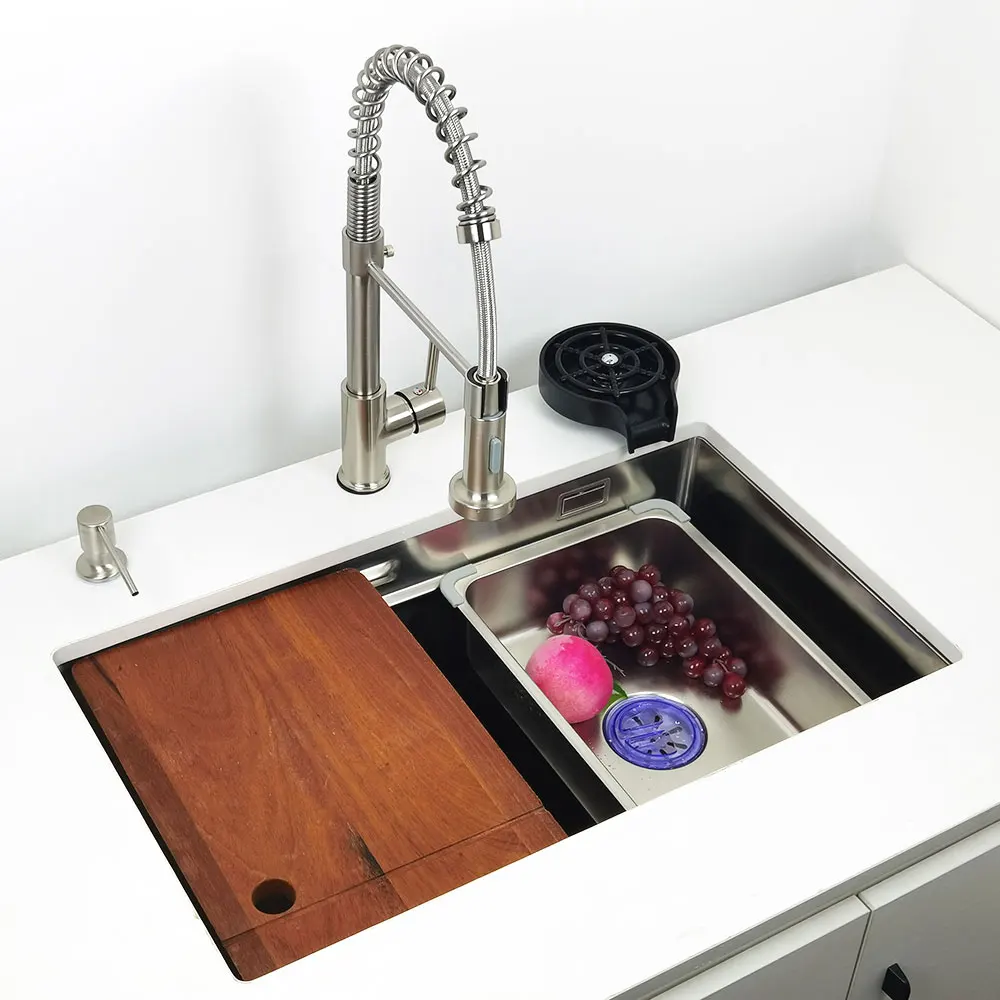 Undermount Kitchen Sink 304 Stainless Steel Above Mount Sinks with Waterfall Faucet Multifunction Single Washing Basin