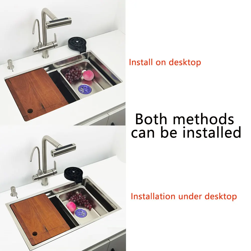 Undermount Kitchen Sink 304 Stainless Steel Above Mount Sinks with Waterfall Faucet Multifunction Single Washing Basin