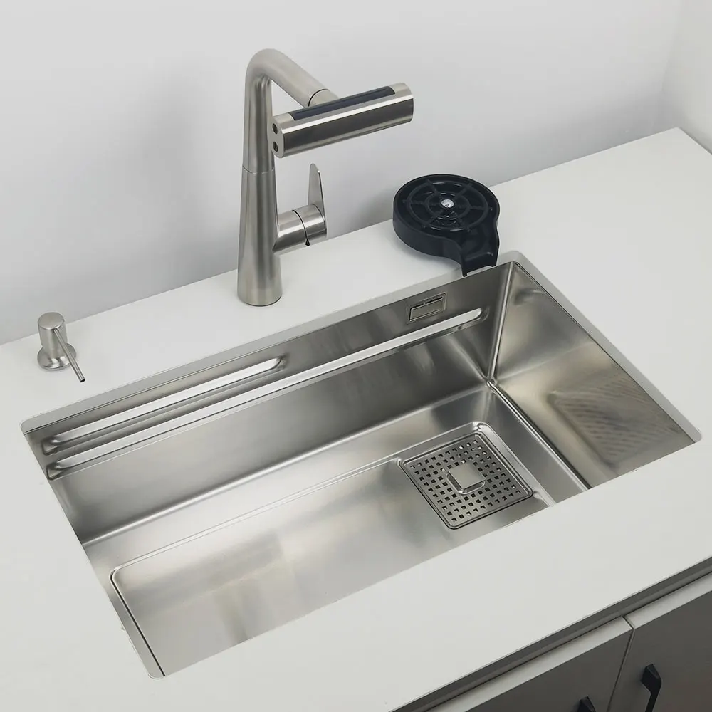 Undermount Kitchen Sink 304 Stainless Steel Above Mount Sinks with Waterfall Faucet Multifunction Single Washing Basin