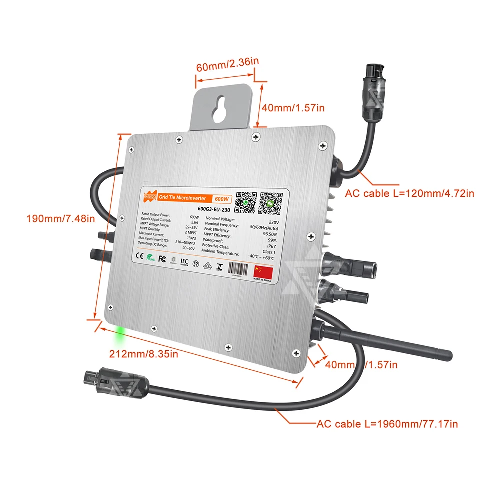 Deye 600W Solar Grid Tie Inverter 20-60V DC to AC 230V, Two MPPT IP67 Built-in WiFi ,Ship From EU Grid On Smart Micro Converter