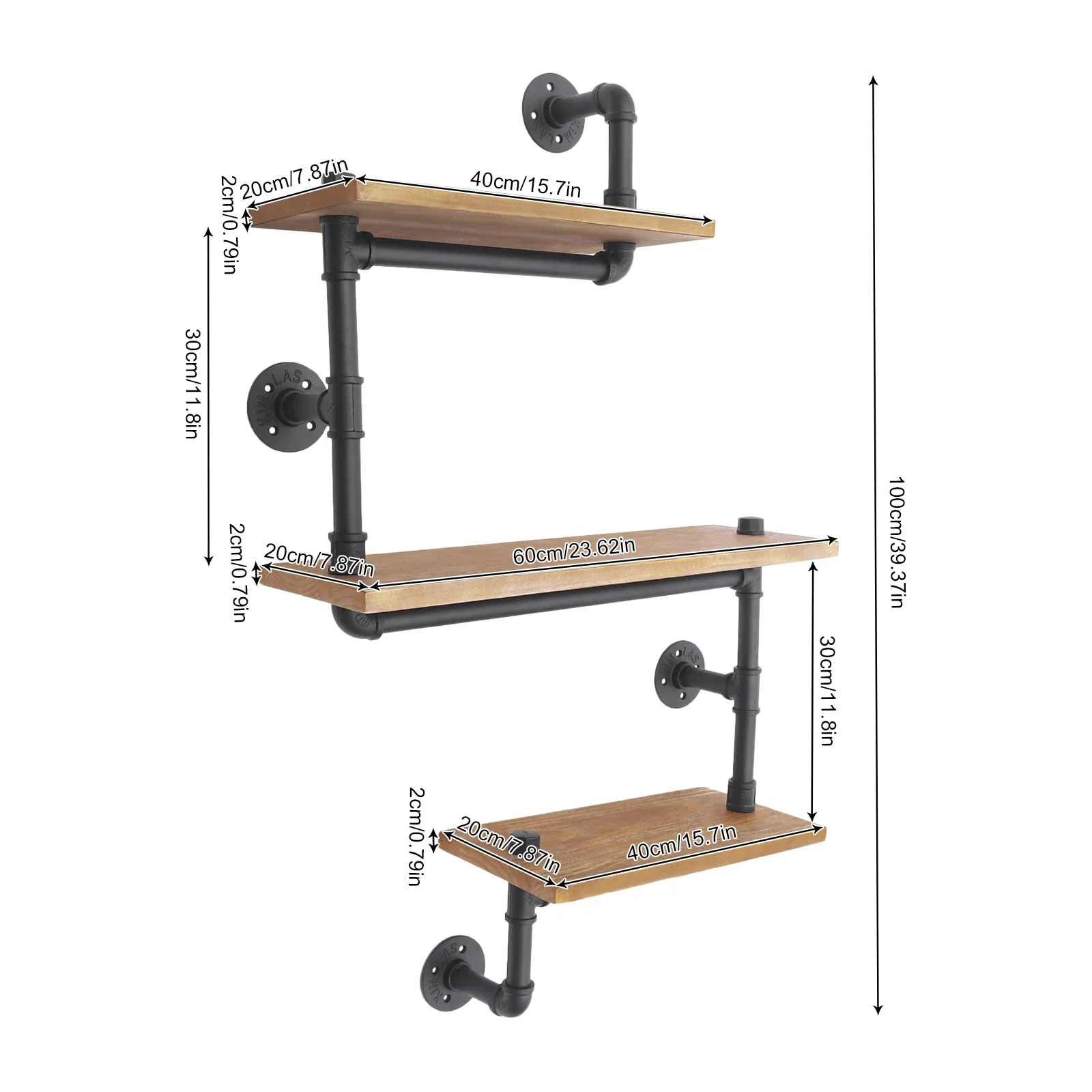 3-Shelves Vintage Industrial Pipe Wall Shelf Bracket Wooden Bookshelf Kitchen Shelf Brown Wall Mounted Pipe Design Bookcases