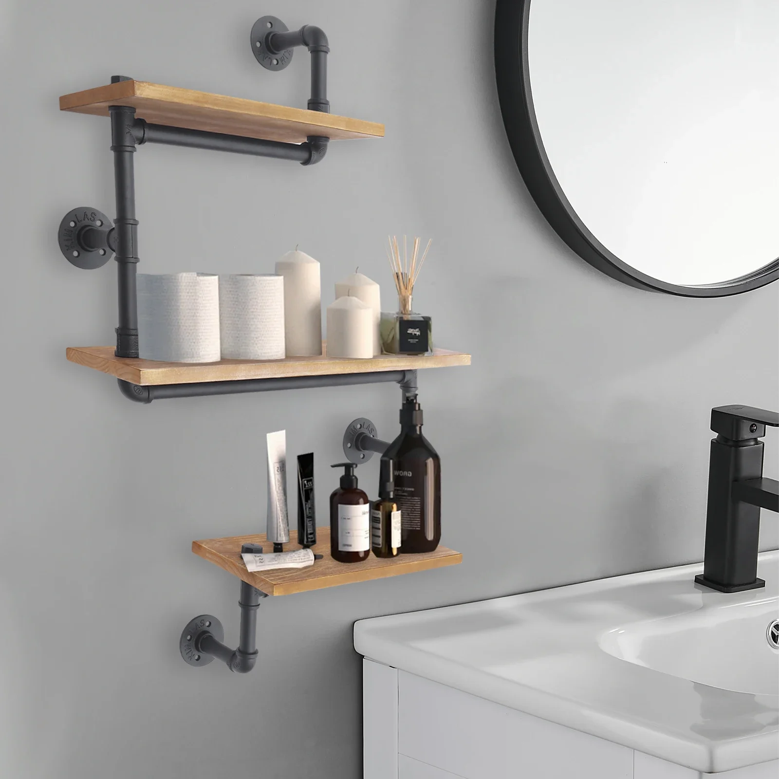 3-Shelves Vintage Industrial Pipe Wall Shelf Bracket Wooden Bookshelf Kitchen Shelf Brown Wall Mounted Pipe Design Bookcases