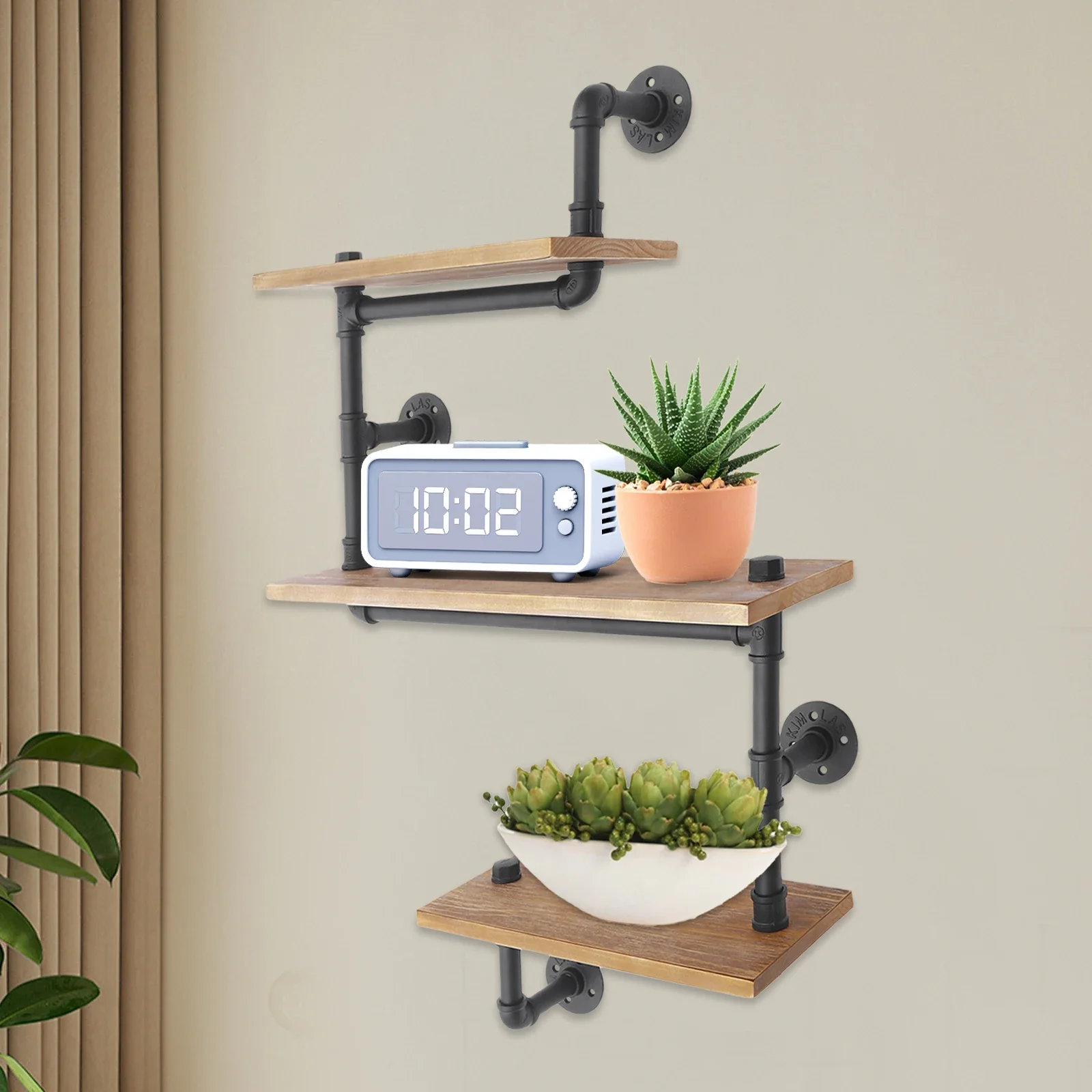 3-Shelves Vintage Industrial Pipe Wall Shelf Bracket Wooden Bookshelf Kitchen Shelf Brown Wall Mounted Pipe Design Bookcases