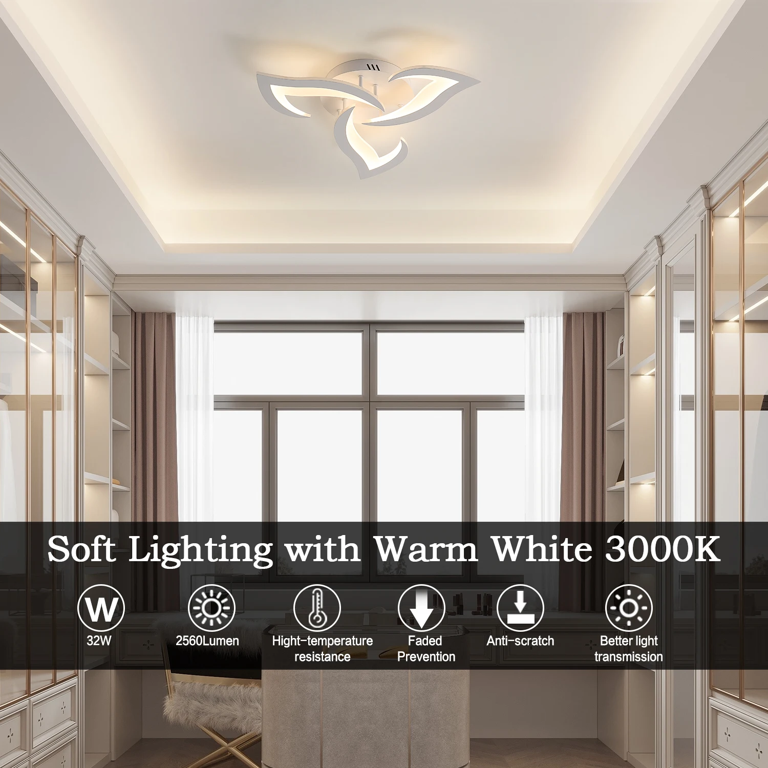 Modern Flower Shape LED Ceiling Light Fixture, 3000K Warm White Light Acrylic Flush Mount Ceiling Lamp (3-Head White)