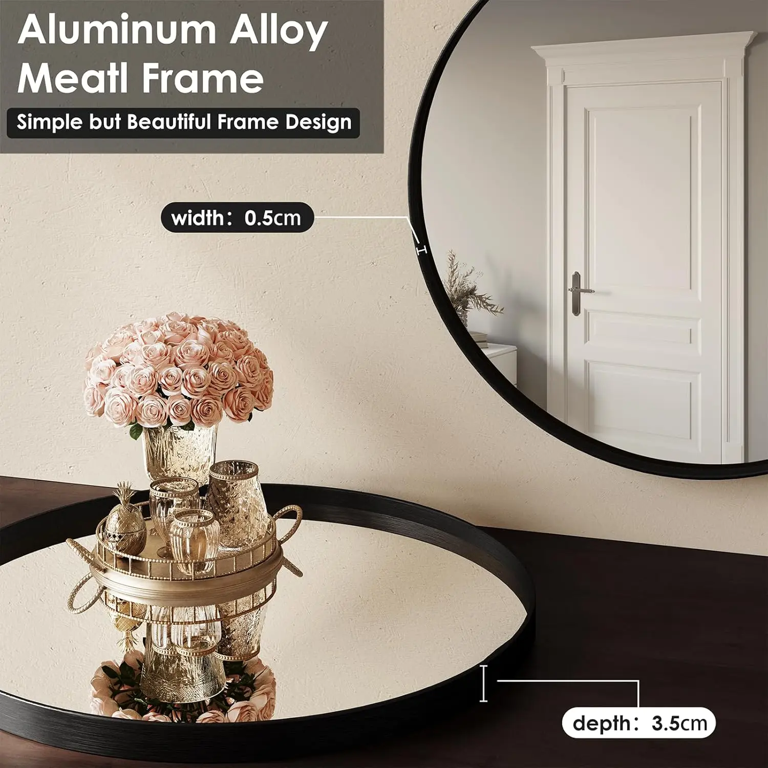 Wall Mirror with Black Brushed Metal Frame for Bathroom Bedroom Entrance Wall Decoration,Round Bathroom Mirror 60x60 / 80x80cm