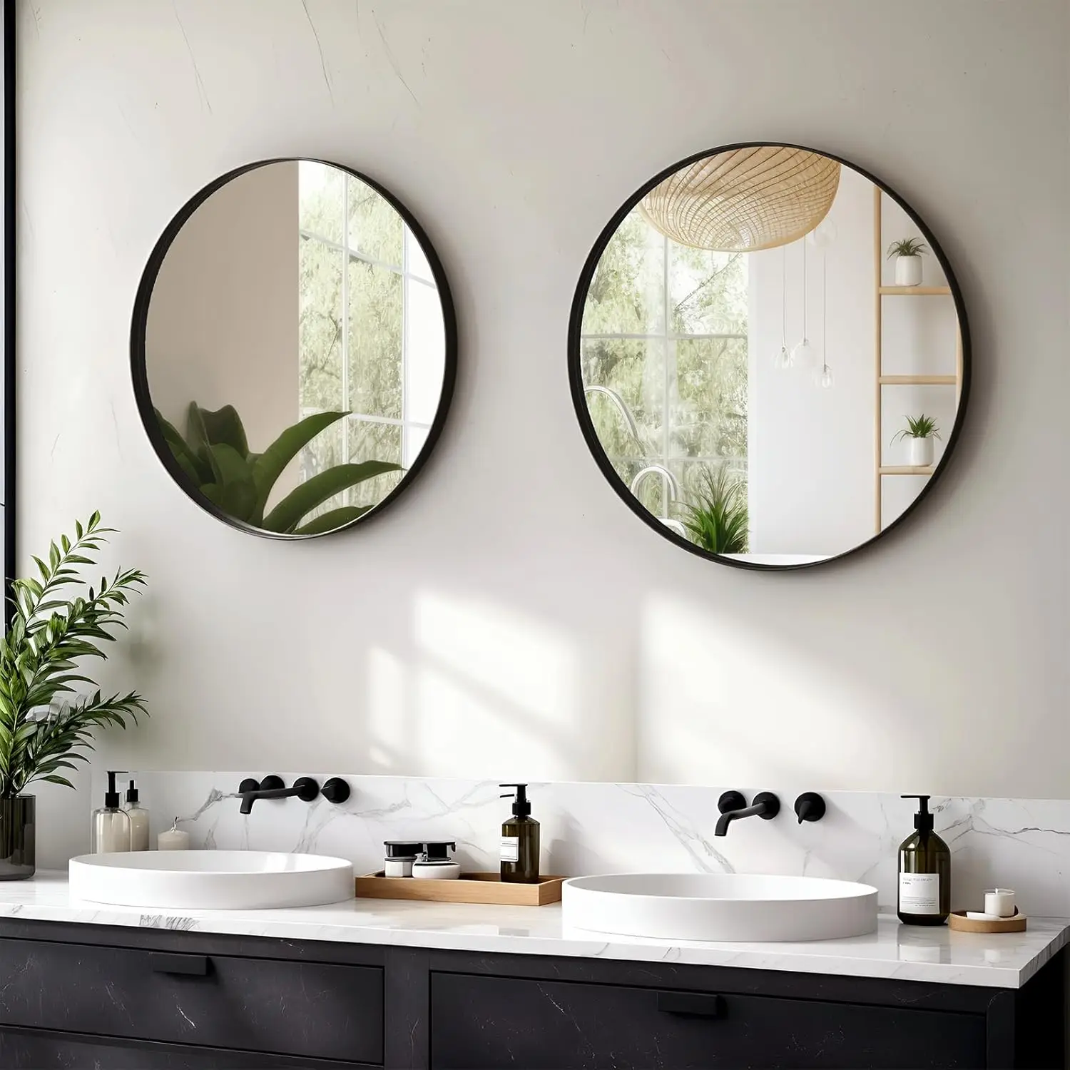 Wall Mirror with Black Brushed Metal Frame for Bathroom Bedroom Entrance Wall Decoration,Round Bathroom Mirror 60x60 / 80x80cm