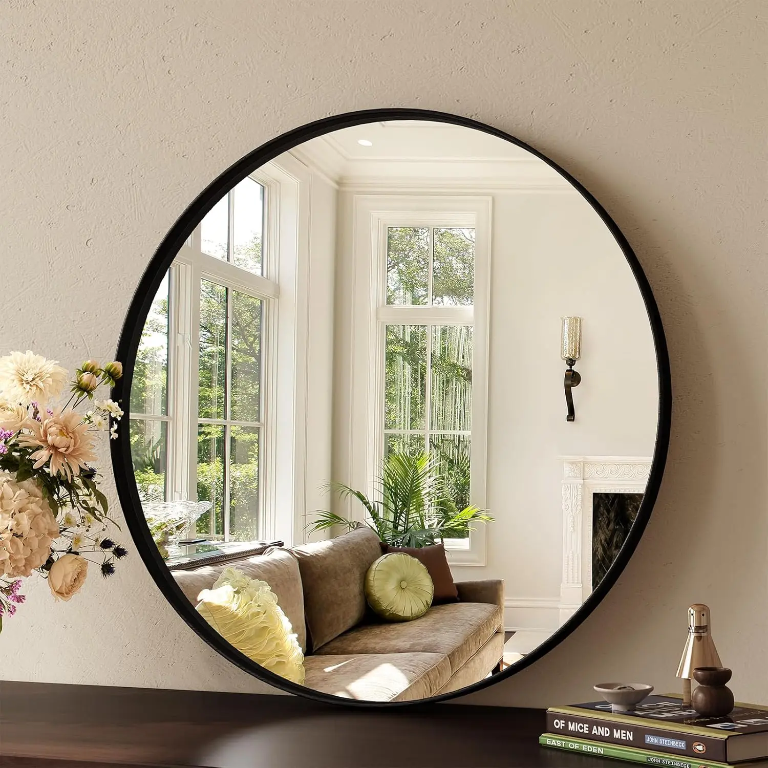 Wall Mirror with Black Brushed Metal Frame for Bathroom Bedroom Entrance Wall Decoration,Round Bathroom Mirror 60x60 / 80x80cm