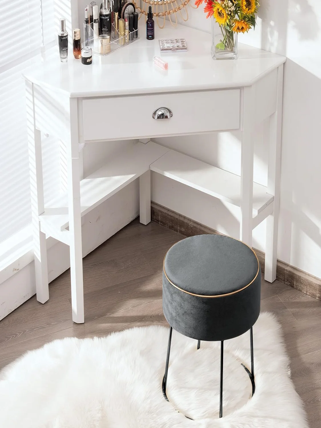 Round Seat Stool, Velvet Footstool with Metal Legs, Dressing Stool Padded up to 150 kg, Ottoman Velvet Stool (Grey)