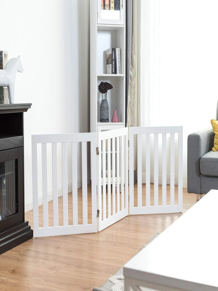 60cm 5 Panels Expandable Pet Gate, Freestanding Wooden Fence with 2 Support Feet,360° Rotatable Hinges, Folding Barrier ,White