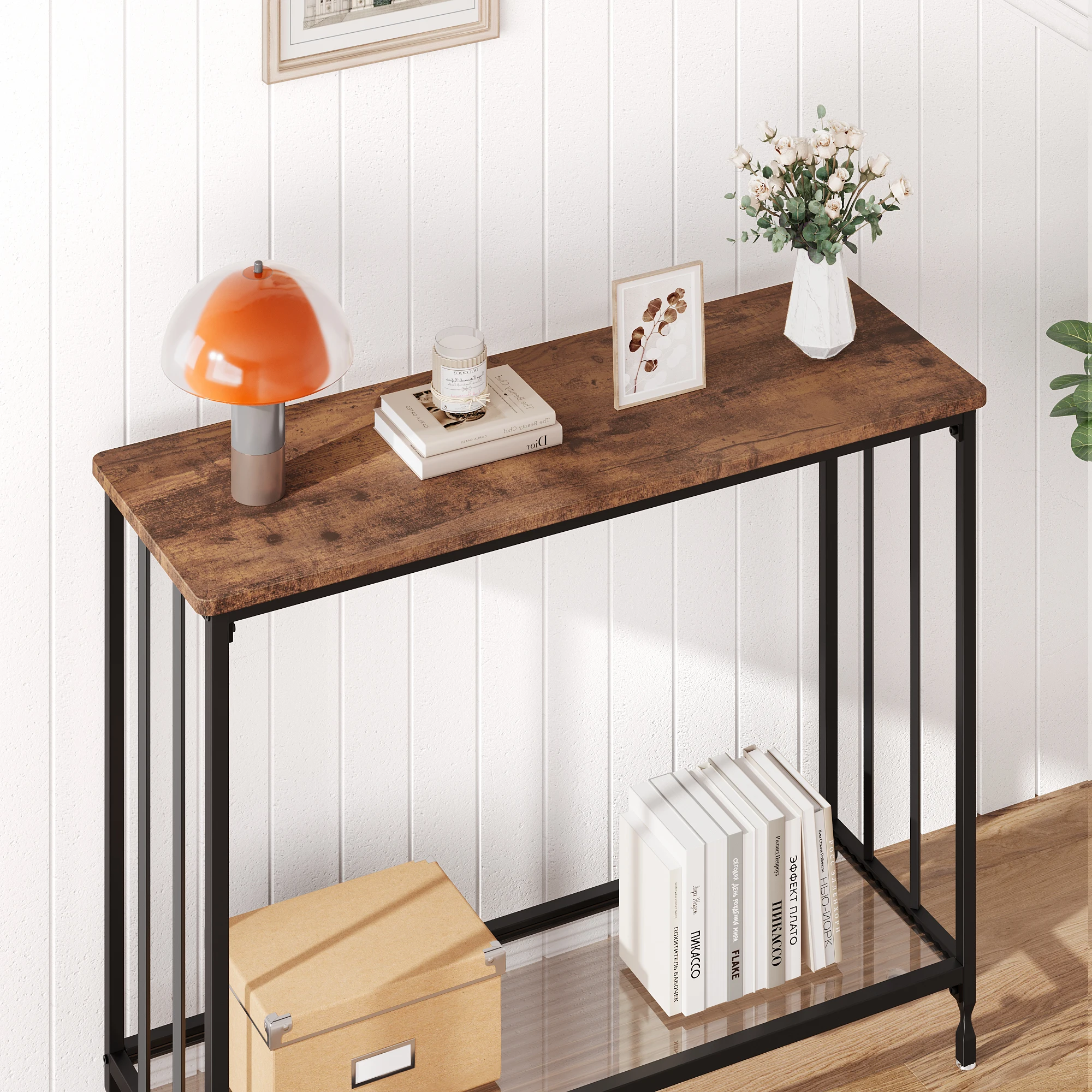Narrow Entryway Console Table with Glass Shelf and Metal Frame Behind Couch Table Industrial Hallway Table for Living Room Foyer