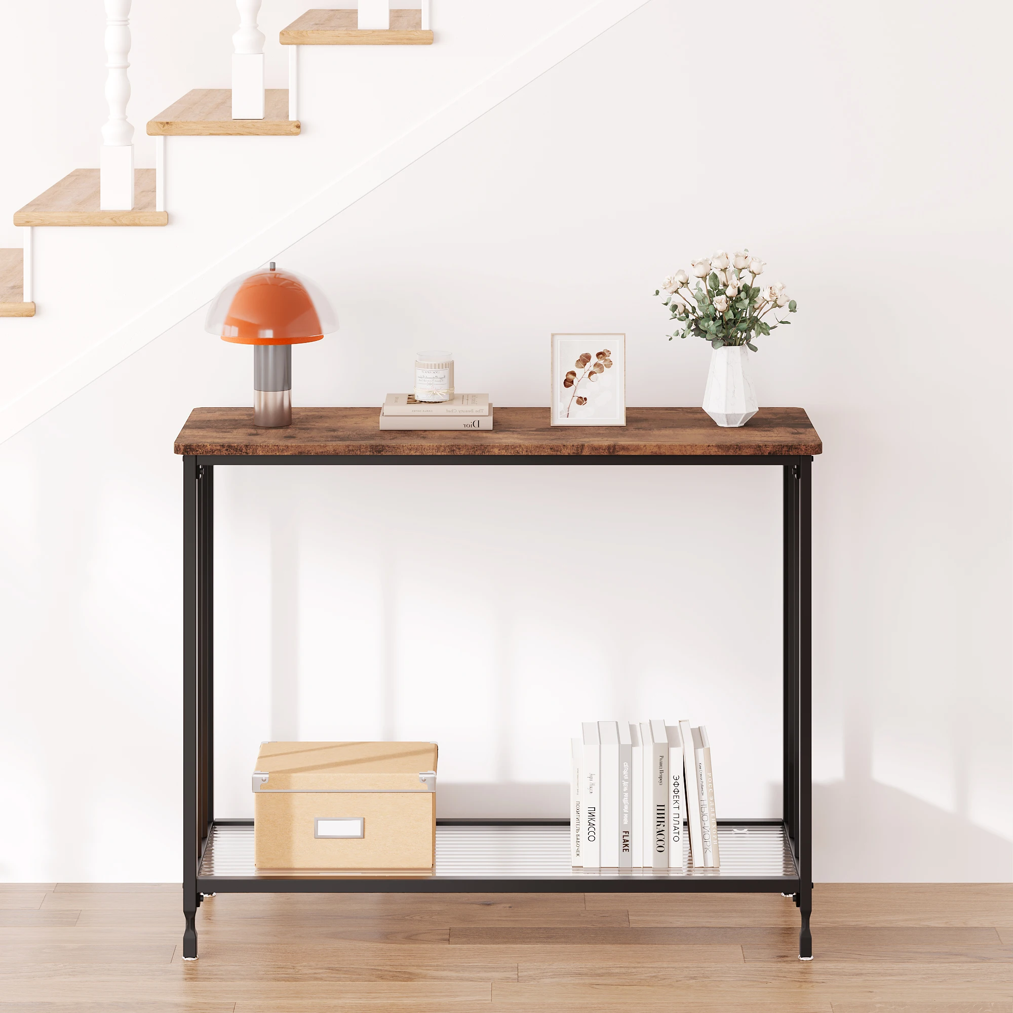 Narrow Entryway Console Table with Glass Shelf and Metal Frame Behind Couch Table Industrial Hallway Table for Living Room Foyer