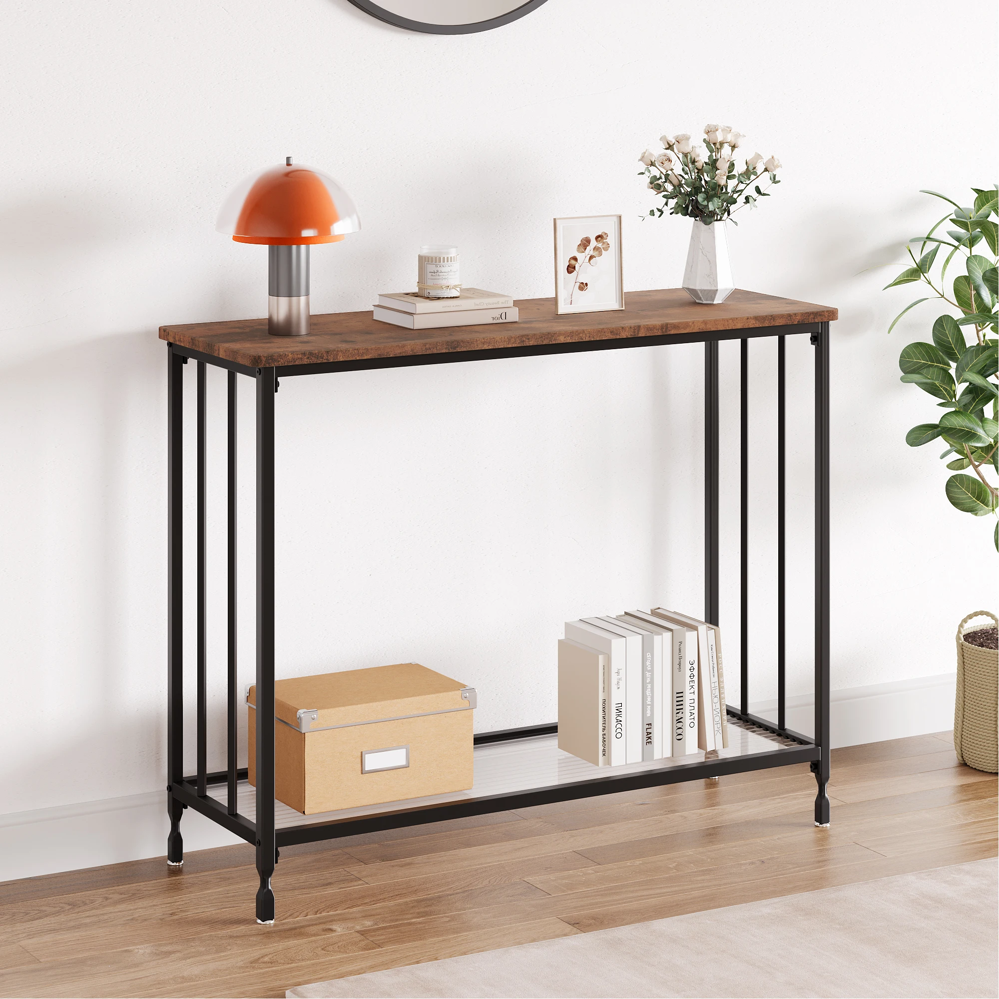 Narrow Entryway Console Table with Glass Shelf and Metal Frame Behind Couch Table Industrial Hallway Table for Living Room Foyer
