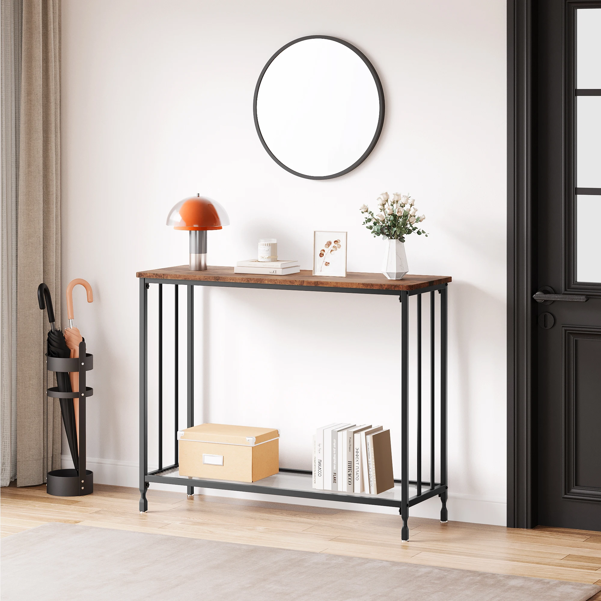 Narrow Entryway Console Table with Glass Shelf and Metal Frame Behind Couch Table Industrial Hallway Table for Living Room Foyer