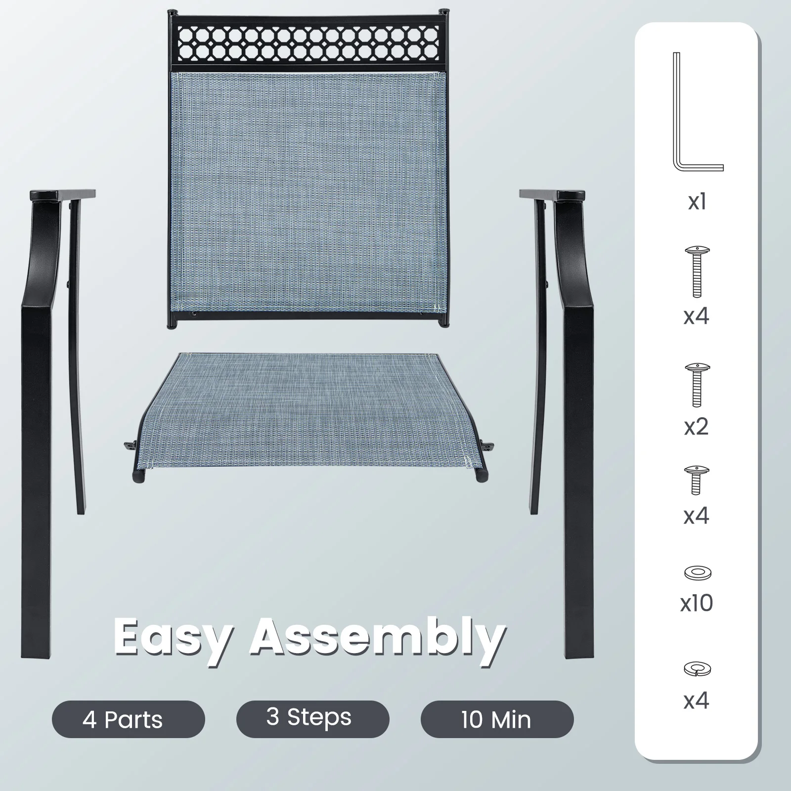 Set of 2 Garden Chairs, Patio Chairs with Wide Seat and Quick-Drying Fabric, Balcony Chairs, Outdoor Chairs up to 150 kg