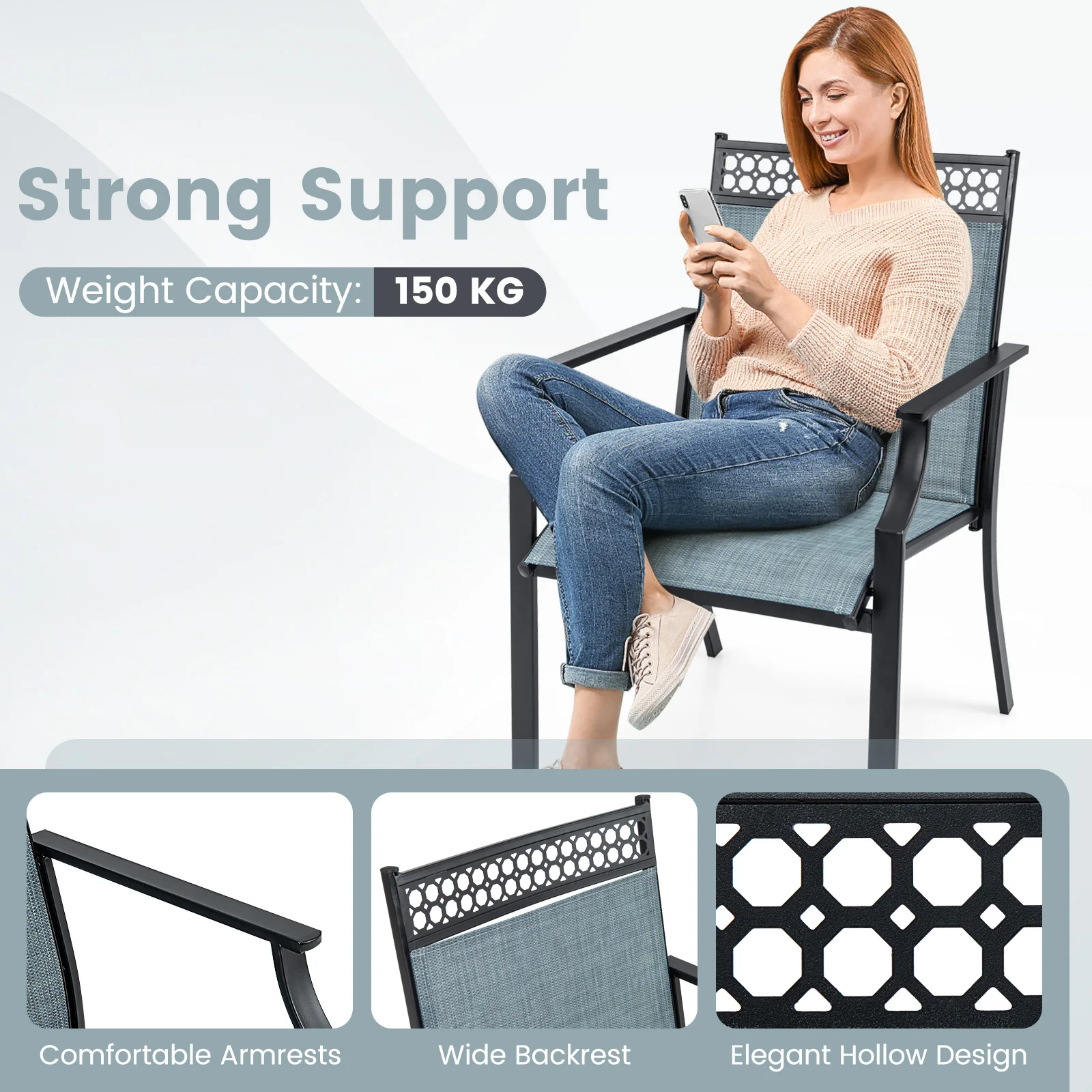 Set of 2 Garden Chairs, Patio Chairs with Wide Seat and Quick-Drying Fabric, Balcony Chairs, Outdoor Chairs up to 150 kg