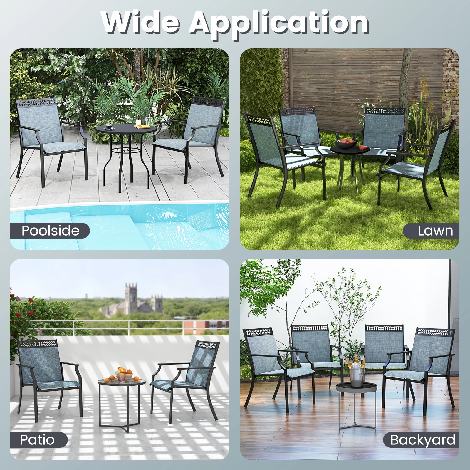Set of 2 Garden Chairs, Patio Chairs with Wide Seat and Quick-Drying Fabric, Balcony Chairs, Outdoor Chairs up to 150 kg