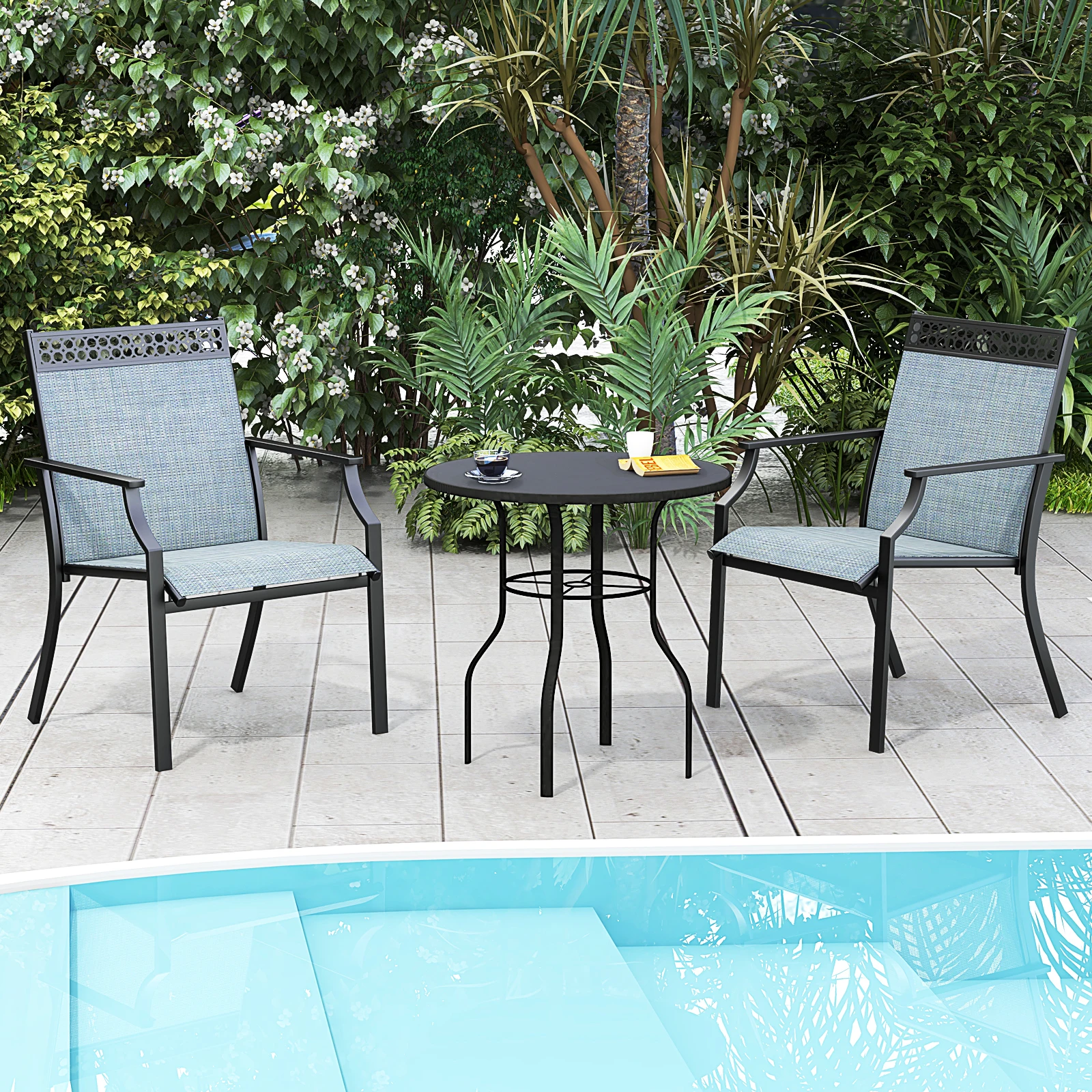 Set of 2 Garden Chairs, Patio Chairs with Wide Seat and Quick-Drying Fabric, Balcony Chairs, Outdoor Chairs up to 150 kg