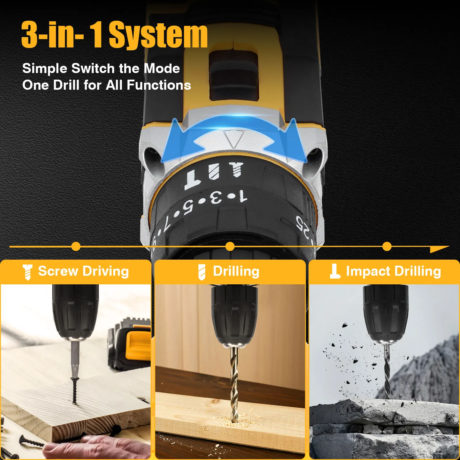 Jemi Tool 12v/21v Cordless Electric Drill Set, 45Nm Impact Drill, 25+3 Torque Setting, with 45 Optional Accessories