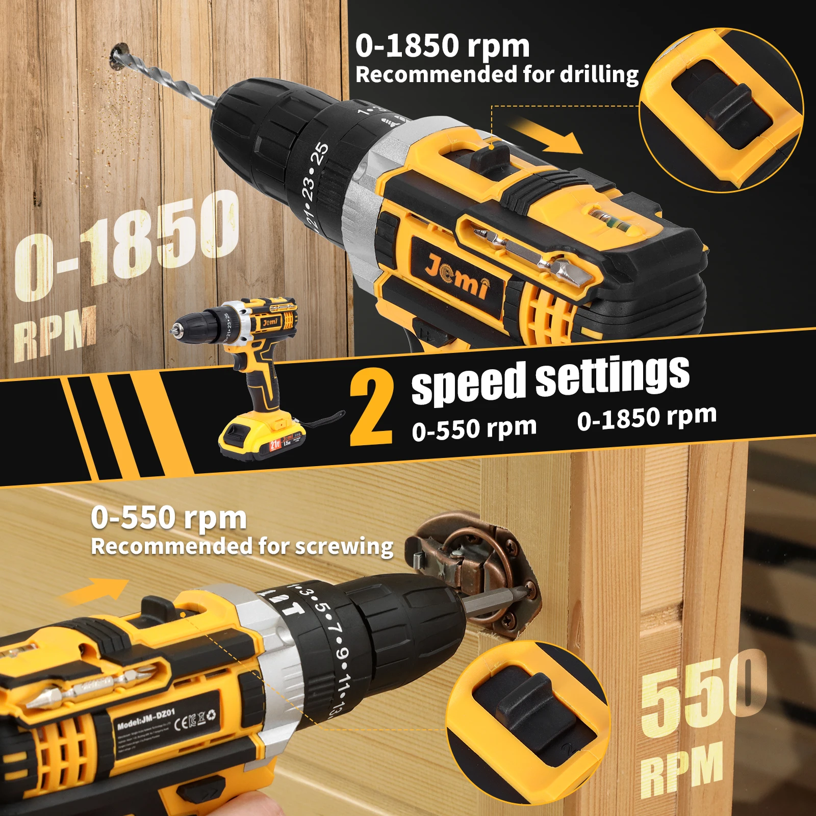 Jemi Tool 12v/21v Cordless Electric Drill Set, 45Nm Impact Drill, 25+3 Torque Setting, with 45 Optional Accessories