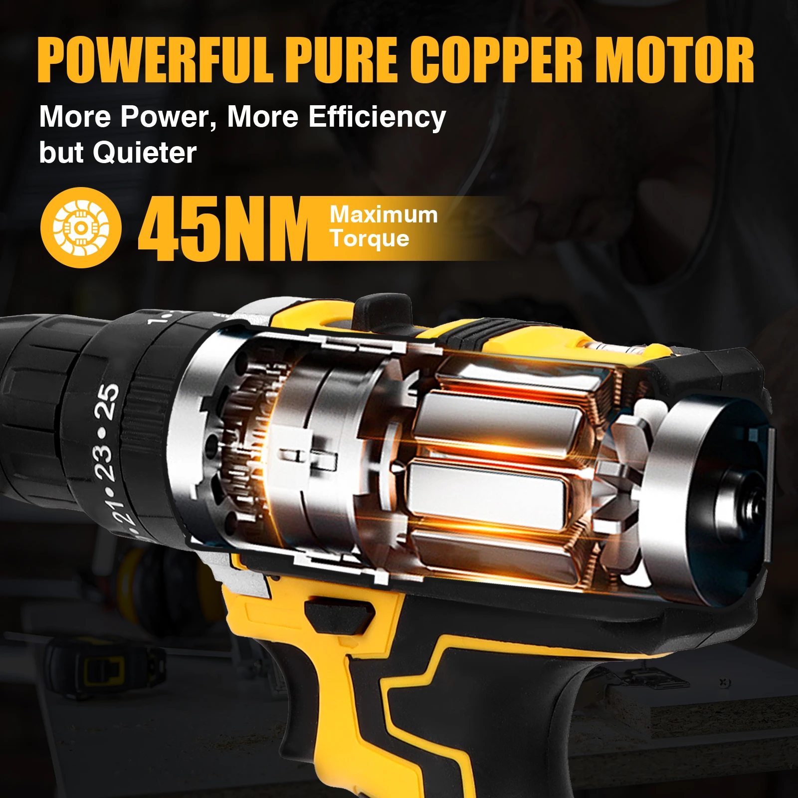 Jemi Tool 12v/21v Cordless Electric Drill Set, 45Nm Impact Drill, 25+3 Torque Setting, with 45 Optional Accessories