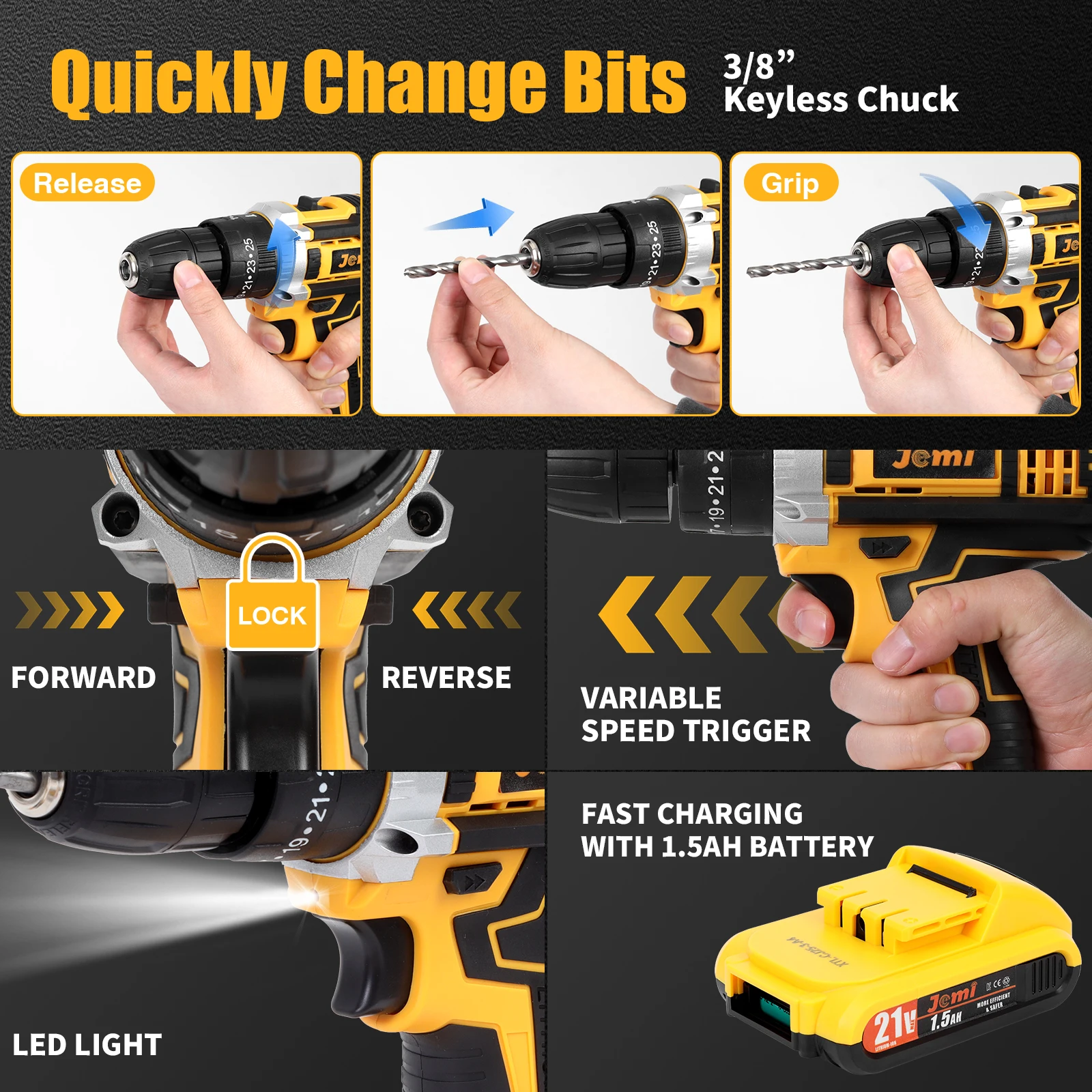 Jemi Tool 12v/21v Cordless Electric Drill Set, 45Nm Impact Drill, 25+3 Torque Setting, with 45 Optional Accessories