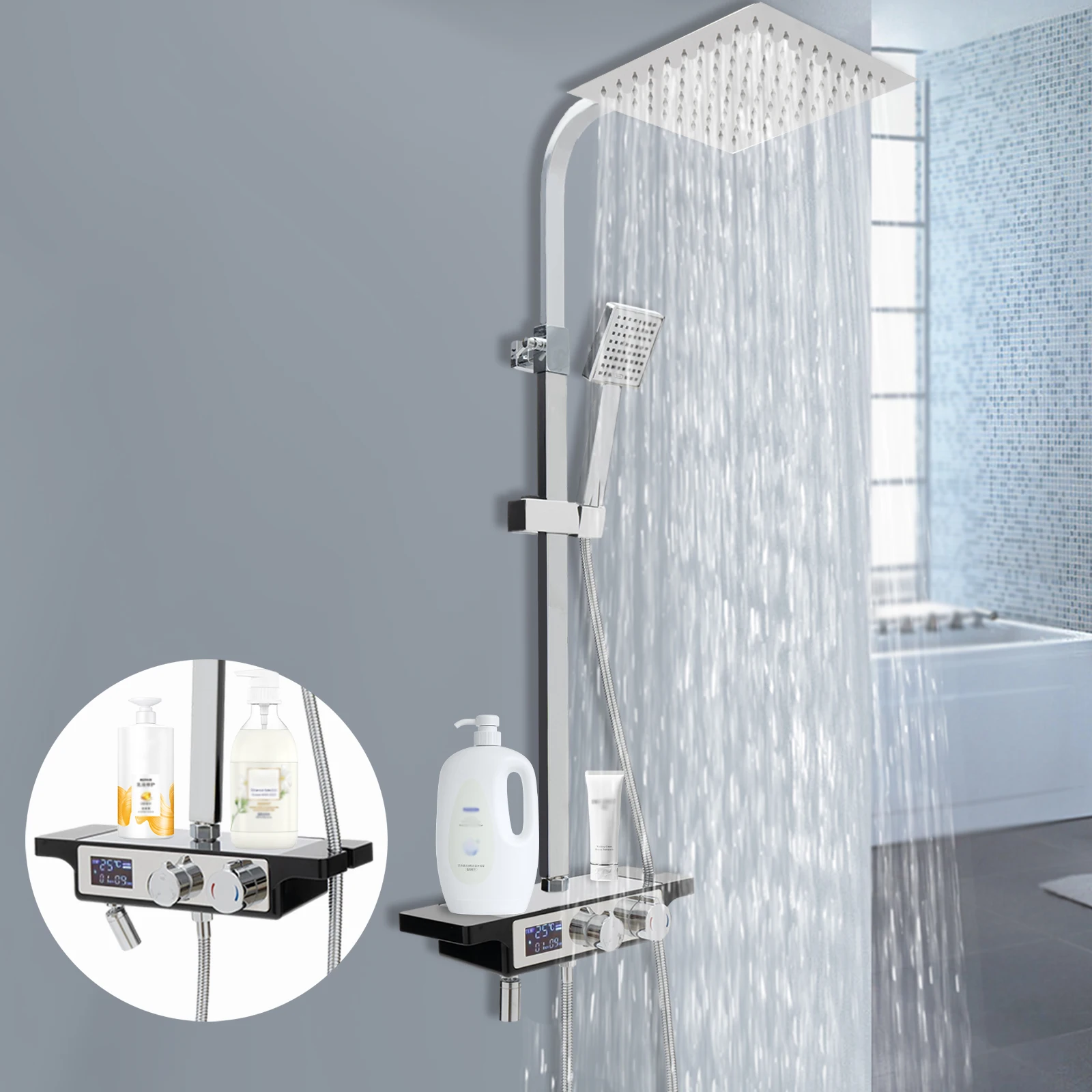 Wall Mounted Shower Set for Bathroom Modern Silver Ceramic Valve Shower Top Spray Handheld Spray Faucet