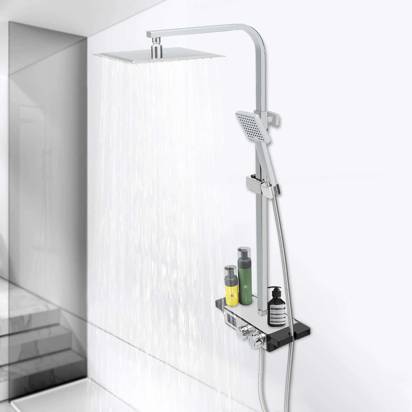 Wall Mounted Shower Set for Bathroom Modern Silver Ceramic Valve Shower Top Spray Handheld Spray Faucet