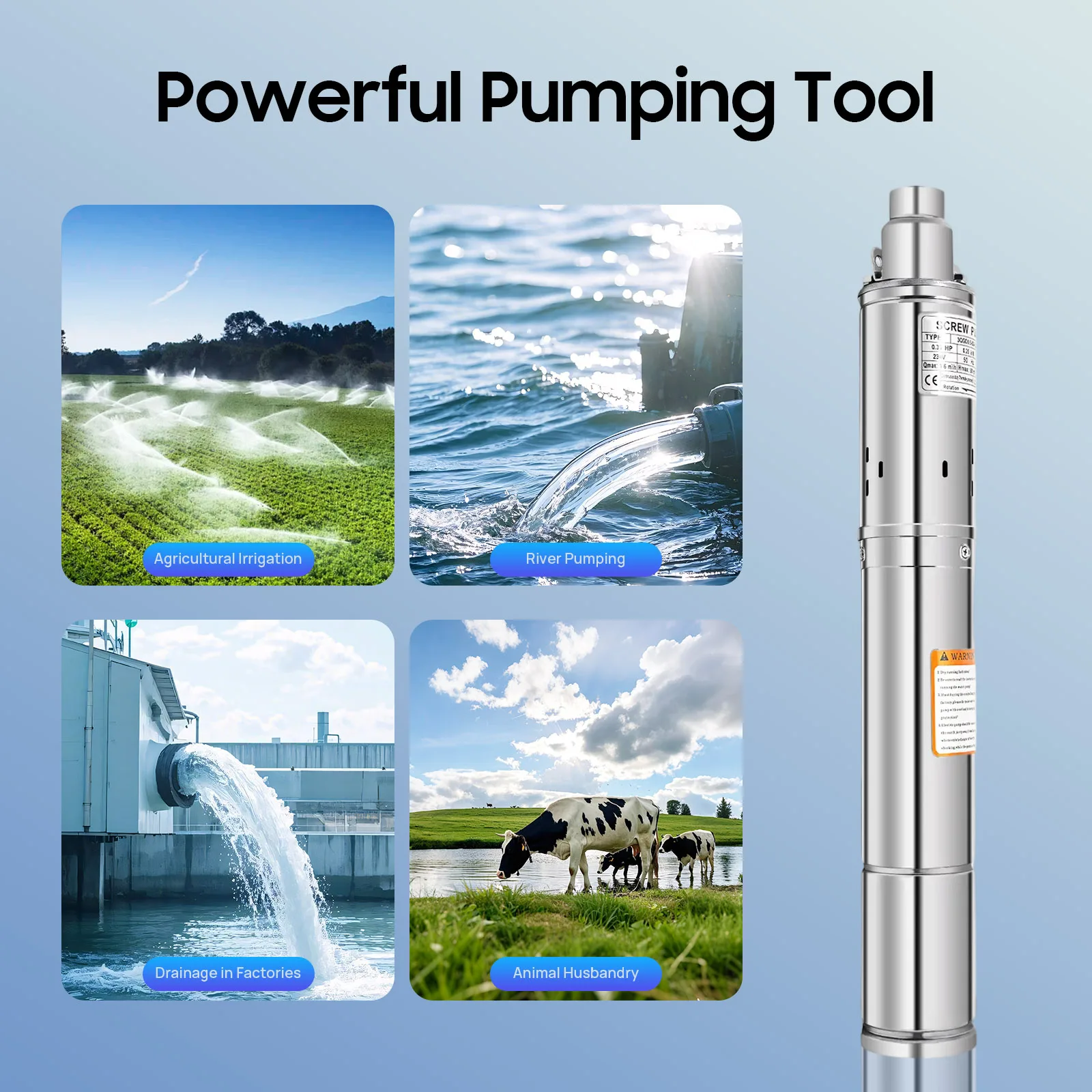 0.25KW 3 Inch Deep Well Pump Screw Pump Stainless Steel Submersible Water Pump Electric with 20m Cable, 1600L/H 2850RPM 220-240V
