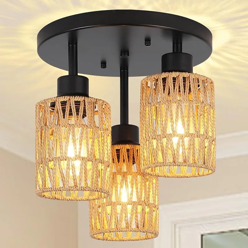 Woven Rattan Chandelier 3-Light Boho Ceiling Lamp Semi Flush Mount Lighting for Dining Kitchen Hallway Office Decor