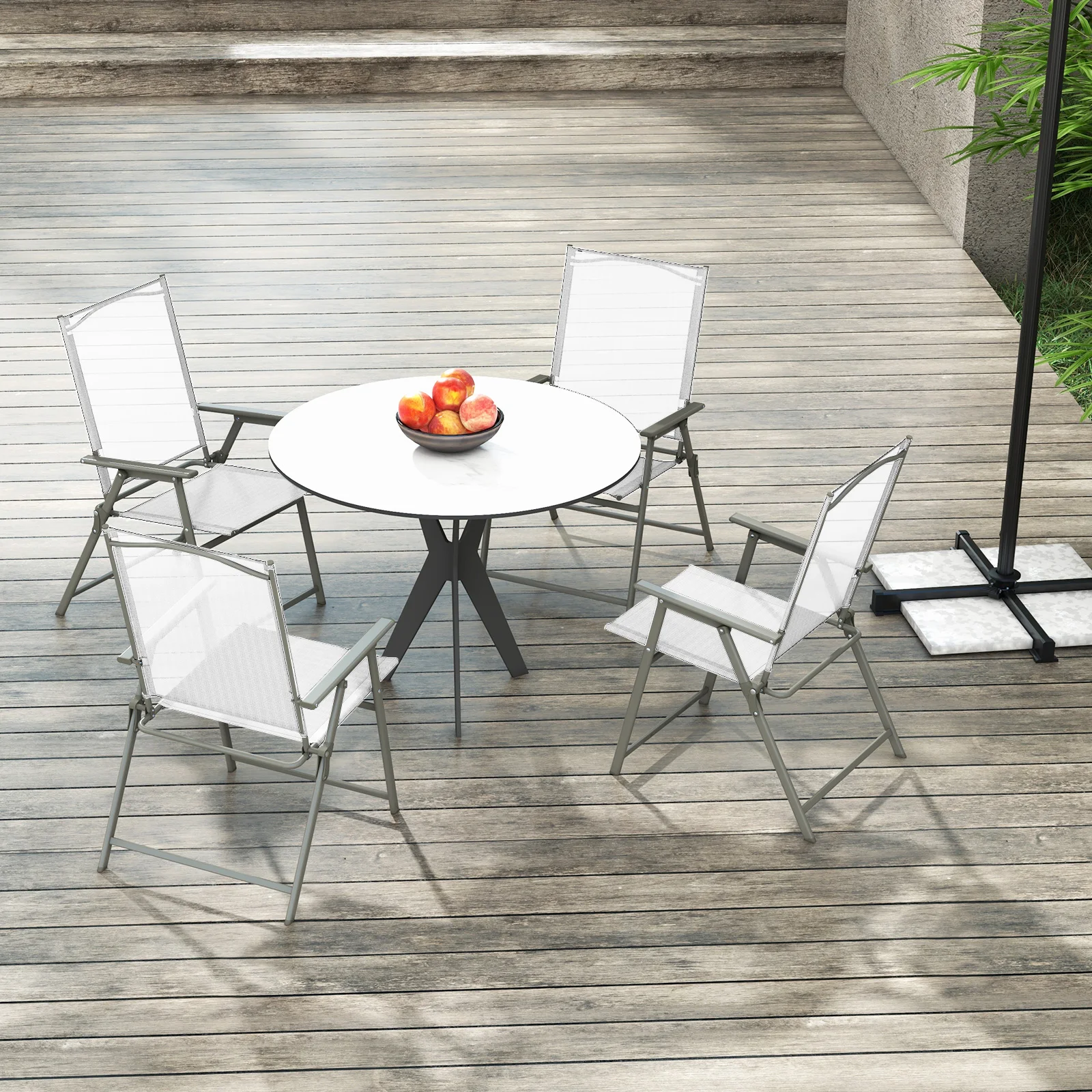 Set of 4 Garden Chairs, Folding Chairs with Weatherproof Fabric, Balcony Chairs with Armrests, Patio Chairs(White)