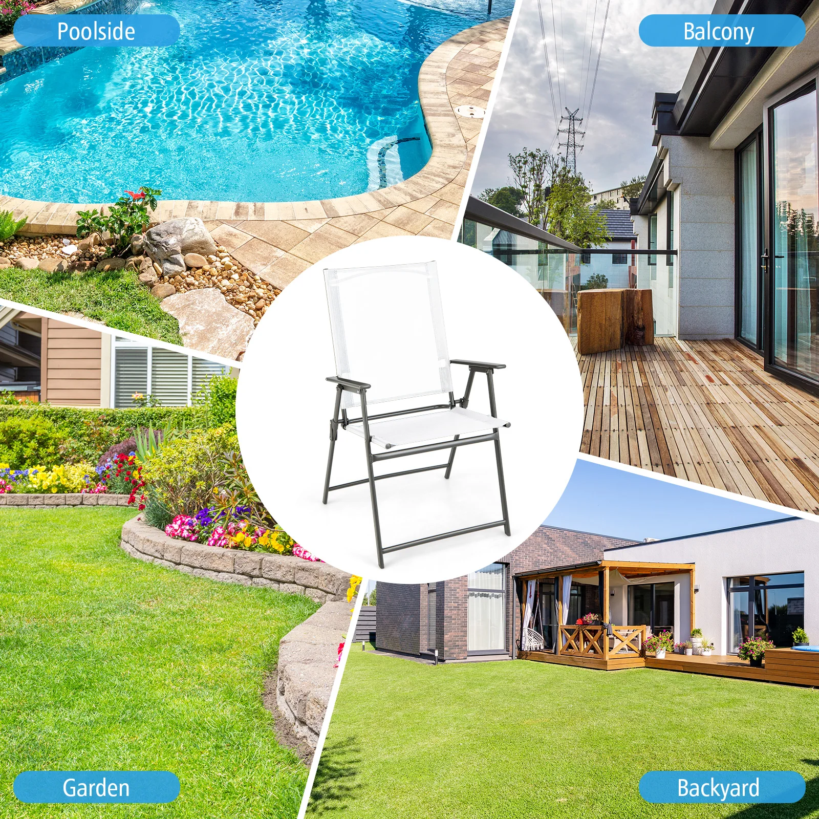Set of 4 Garden Chairs, Folding Chairs with Weatherproof Fabric, Balcony Chairs with Armrests, Patio Chairs(White)