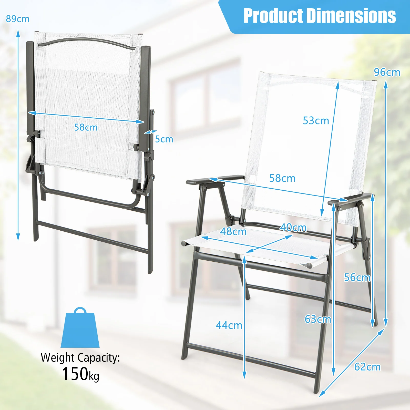Set of 4 Garden Chairs, Folding Chairs with Weatherproof Fabric, Balcony Chairs with Armrests, Patio Chairs(White)