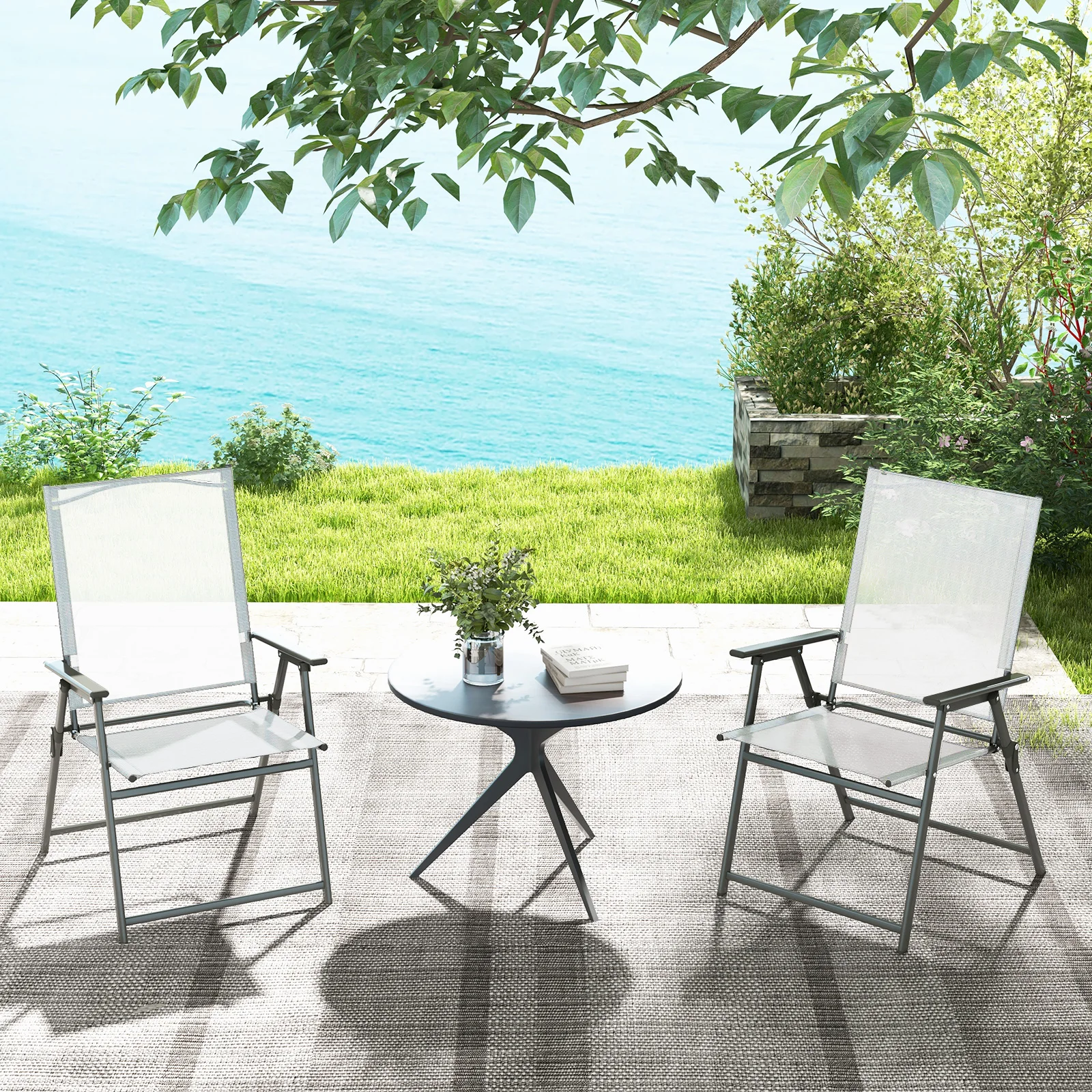 Set of 4 Garden Chairs, Folding Chairs with Weatherproof Fabric, Balcony Chairs with Armrests, Patio Chairs(White)