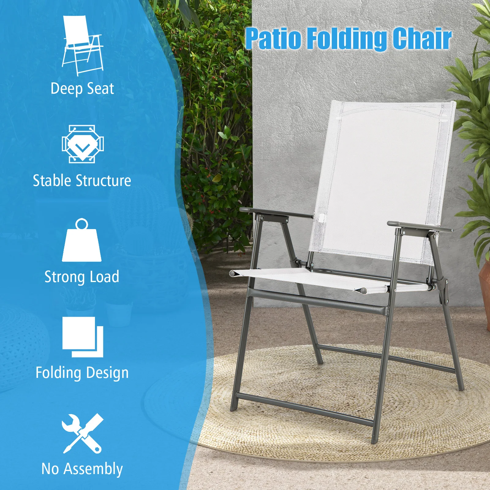 Set of 4 Garden Chairs, Folding Chairs with Weatherproof Fabric, Balcony Chairs with Armrests, Patio Chairs(White)