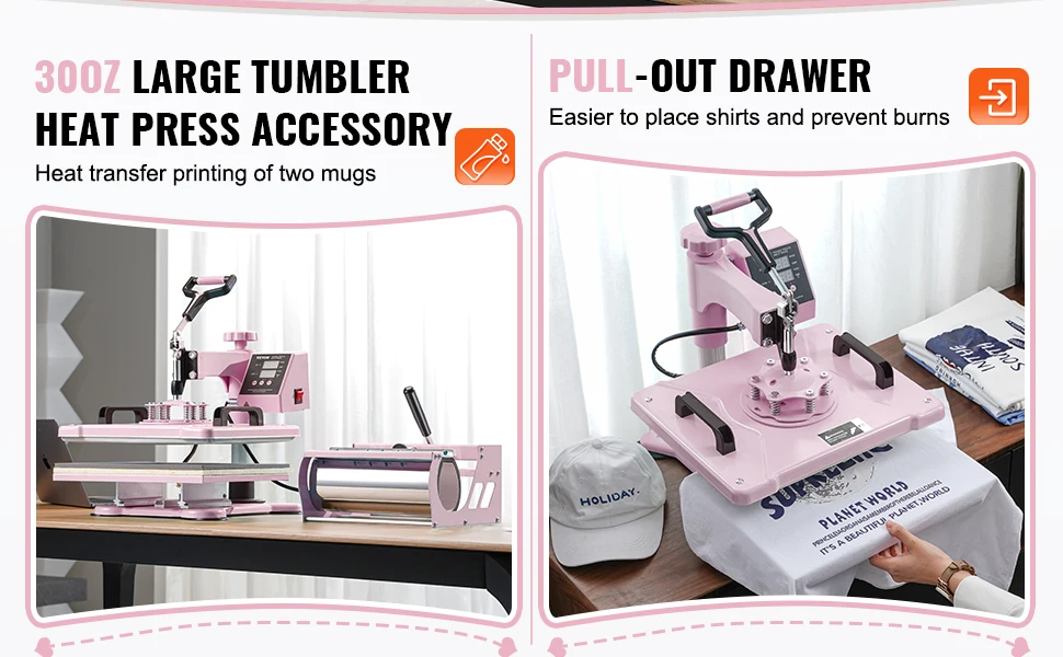 SucceBuy Heat Press Machine 12x15inch 8in 1 Heat Transfer Machine 360° Swing Away T-Shirt for T-Shirts/Mugs/Hats/Plates Pink