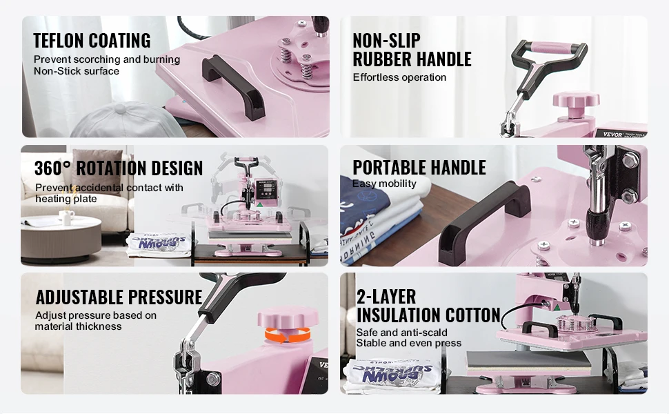 SucceBuy Heat Press Machine 12x15inch 8in 1 Heat Transfer Machine 360° Swing Away T-Shirt for T-Shirts/Mugs/Hats/Plates Pink