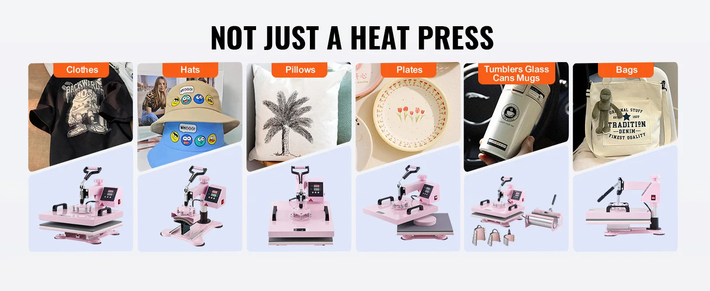 SucceBuy Heat Press Machine 12x15inch 8in 1 Heat Transfer Machine 360° Swing Away T-Shirt for T-Shirts/Mugs/Hats/Plates Pink