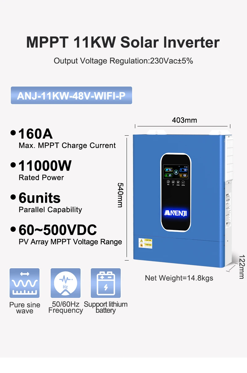 11KW 48V Hybrid Solar Inverter 230V MPPT Off Grid Tie Parallel Photovoltaic Inverter Pure Sine Wave 160A Solar Charger PV 500V