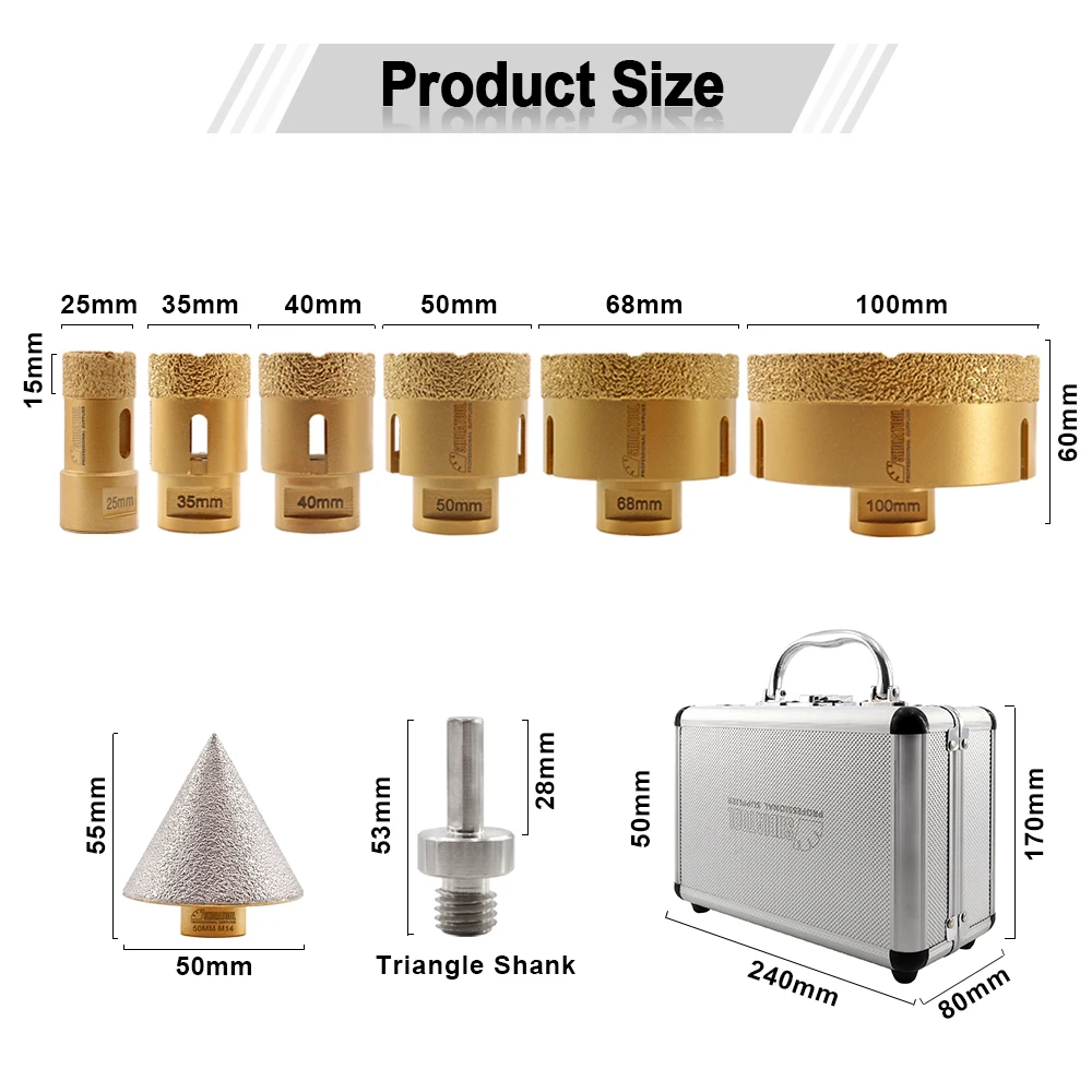 SHDIATOOL 8Pcs Diamond Drill Core Bits Kit 25/35/40/50/68/100mm Hole Saw+50mm Chamfer M14 Masonry Granite Tile Drilling Bit Sets