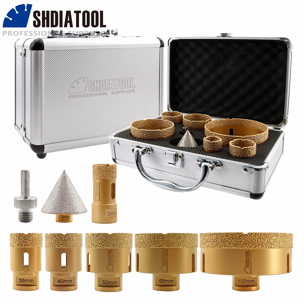 SHDIATOOL 8Pcs Diamond Drill Core Bits Kit 25/35/40/50/68/100mm Hole Saw+50mm Chamfer M14 Masonry Granite Tile Drilling Bit Sets