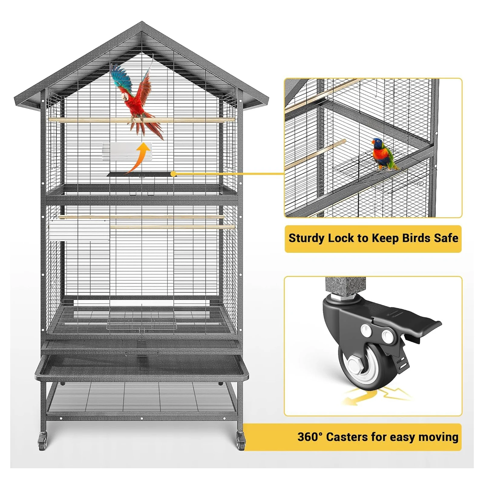 60 Inch Heavy-Duty Double-Layer Steel Parrot Breeding Cage Large Aviary with 4 Locking Casters for Macaws, African Greys