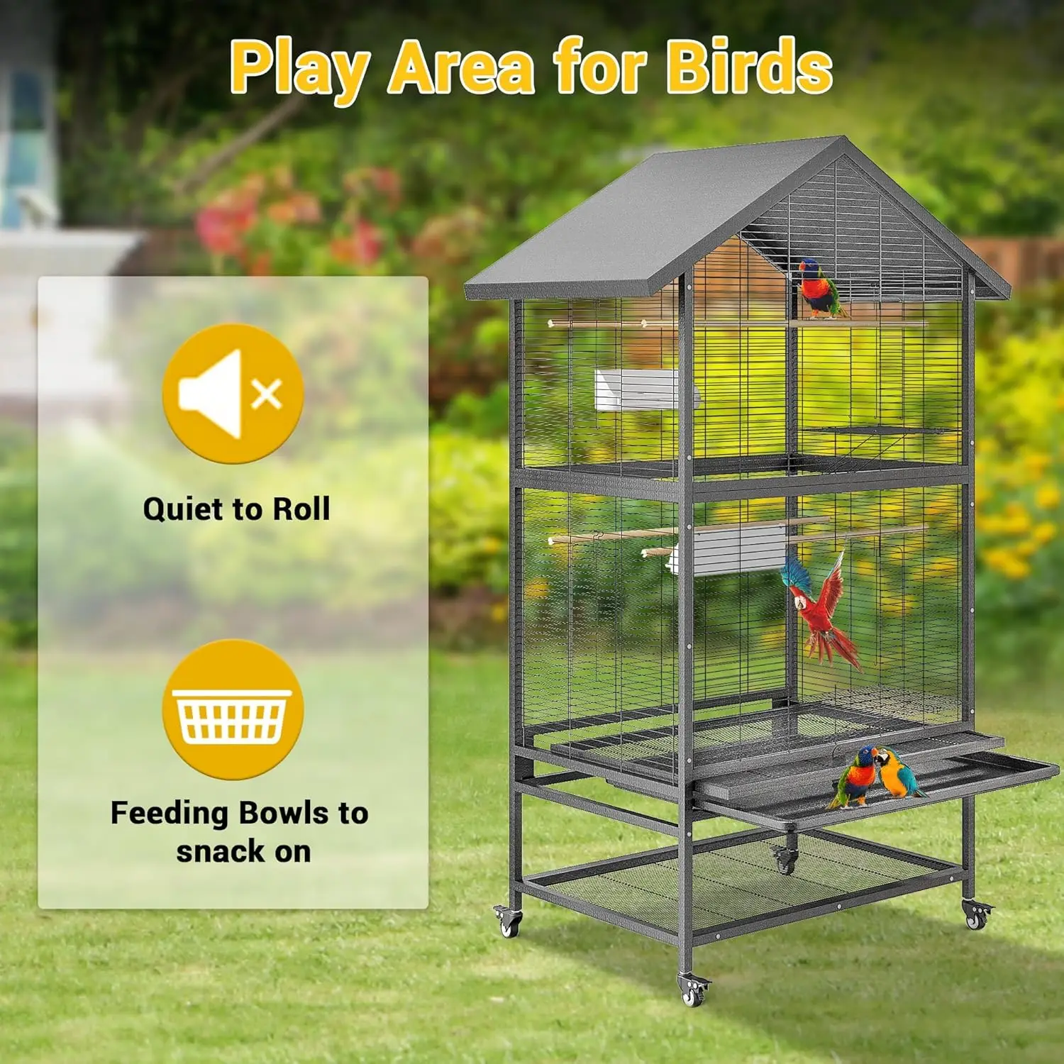 60 Inch Heavy-Duty Double-Layer Steel Parrot Breeding Cage Large Aviary with 4 Locking Casters for Macaws, African Greys