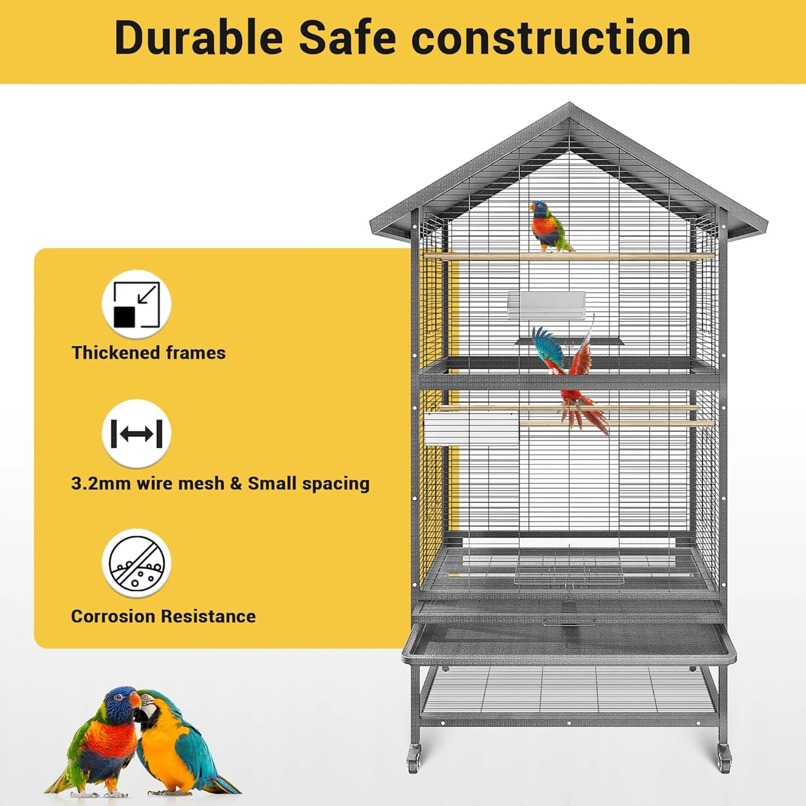 60 Inch Heavy-Duty Double-Layer Steel Parrot Breeding Cage Large Aviary with 4 Locking Casters for Macaws, African Greys