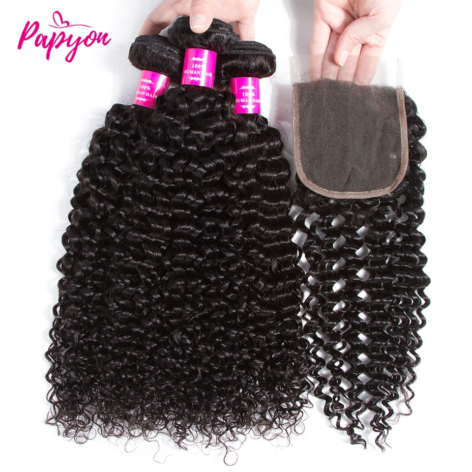 12A Brazilian Kinky Curly Bundles With Closure Human Hair Bundle Jerrly Curly Hair Bundles With Closure 4x4 Transparent Lace