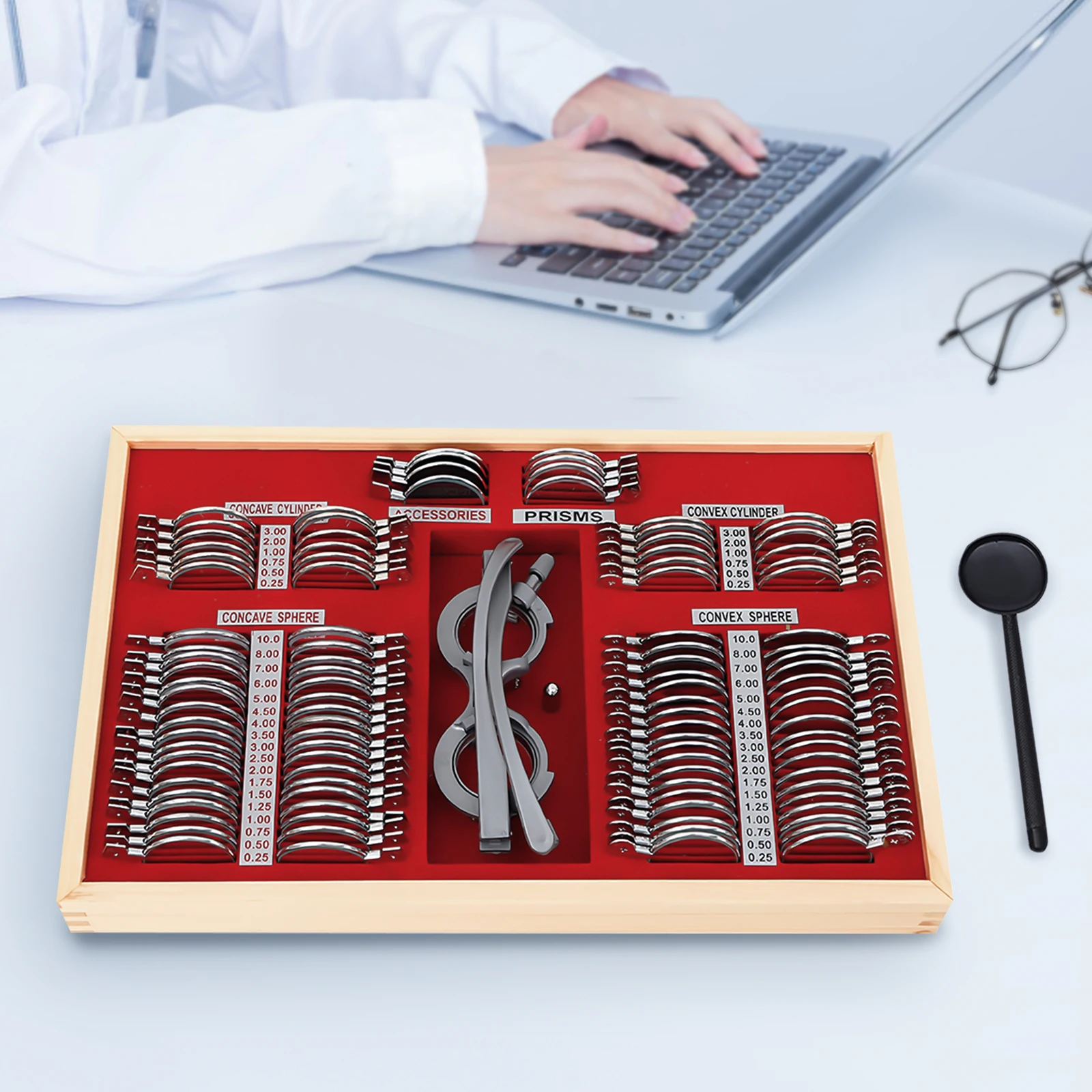 104-Piece Optometry Trial Lens Set Metal/Glass Construction for Precision Vision Testing & Refraction, Trial Lens Set Kit