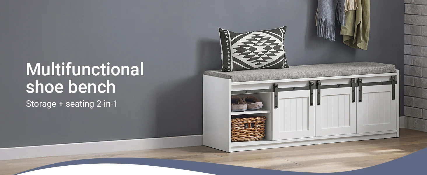 SoBuy FSR133-W shoe bench with seat, storage bench, hallway bench with sliding doors, shoe chest, shoe rack