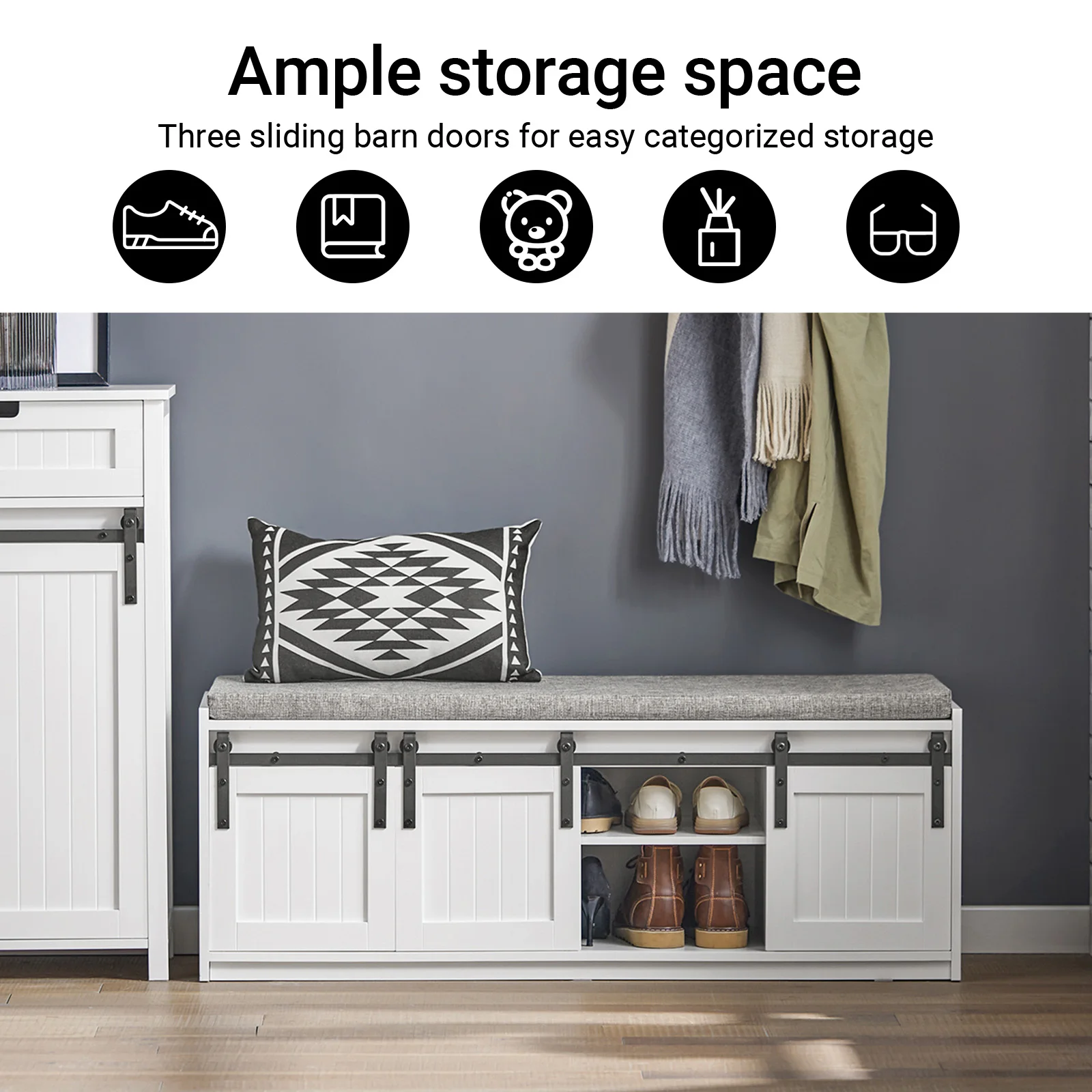 SoBuy FSR133-W shoe bench with seat, storage bench, hallway bench with sliding doors, shoe chest, shoe rack