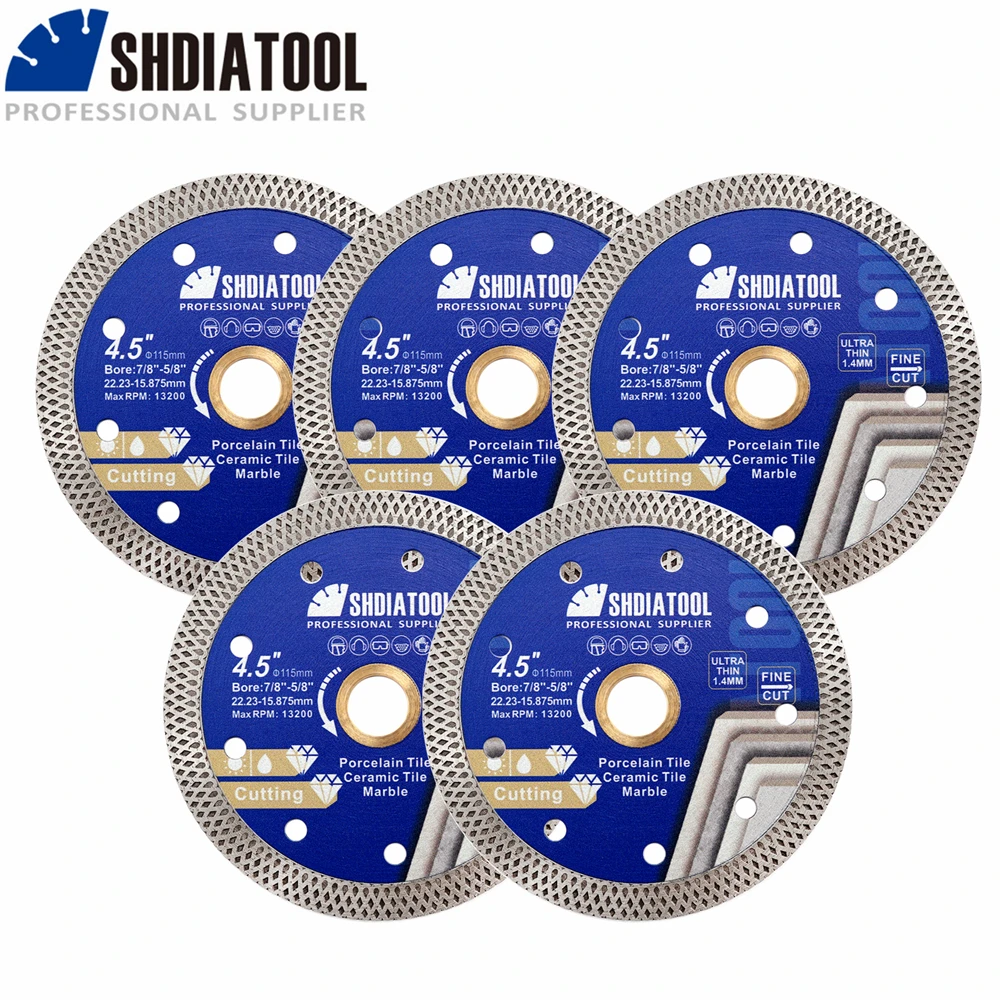 SHDIATOOL 5Pcs Dia115mm Superthin Mesh Cutting Disc Diamond Marble Saw Blade Ceramic Tile Angle Grinder 4.5Inch Circular Cutter