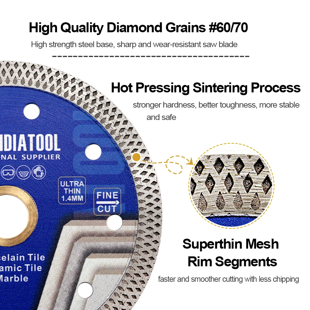 SHDIATOOL 5Pcs Dia115mm Superthin Mesh Cutting Disc Diamond Marble Saw Blade Ceramic Tile Angle Grinder 4.5Inch Circular Cutter